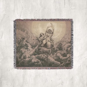 May include: Woven throw blanket featuring a sepia-toned illustration of a biblical scene. The artwork depicts figures in a dramatic pose, with a central figure raising a weapon. The blanket has a fringed edge.
