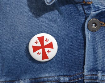 Deus Vult Crusader's Cross Button Pin - Red on White