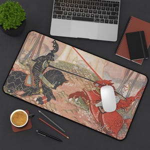 King Arthur: A Knightly Joust Neoprene Desk Mat & Mouse Pad - Arthurian Art Nouveau 12" × 22"