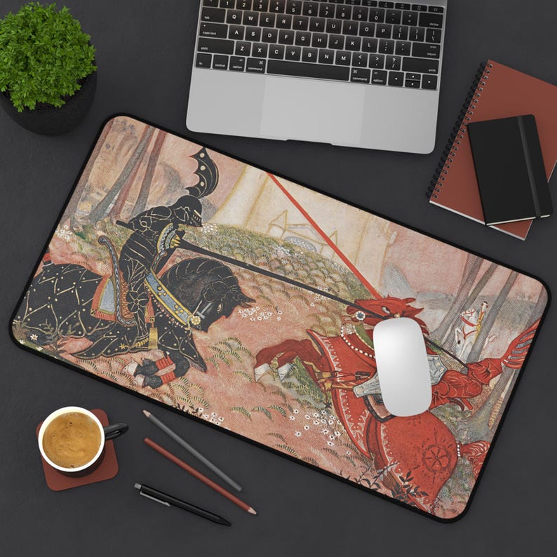King Arthur: A Knightly Joust Neoprene Desk Mat & Mouse Pad - Arthurian Art Nouveau 12" × 22"