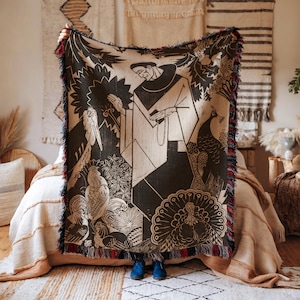 St. Francis Tapestry Throw Blanket - Bold Art Print Wall Hanging - Black, White, Neutral Decor