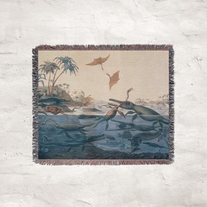 Duria Antiquior, Henry Thomas De La Beche  | Medieval Tapestry, Woven Blanket, Dinosaur Blanket, Dinosaur Art, Fine Art Blanket