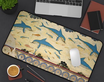 Minoan Dolphin Fresco Desk Mat & Mousepad - Ancient Greek Art Marine Animals