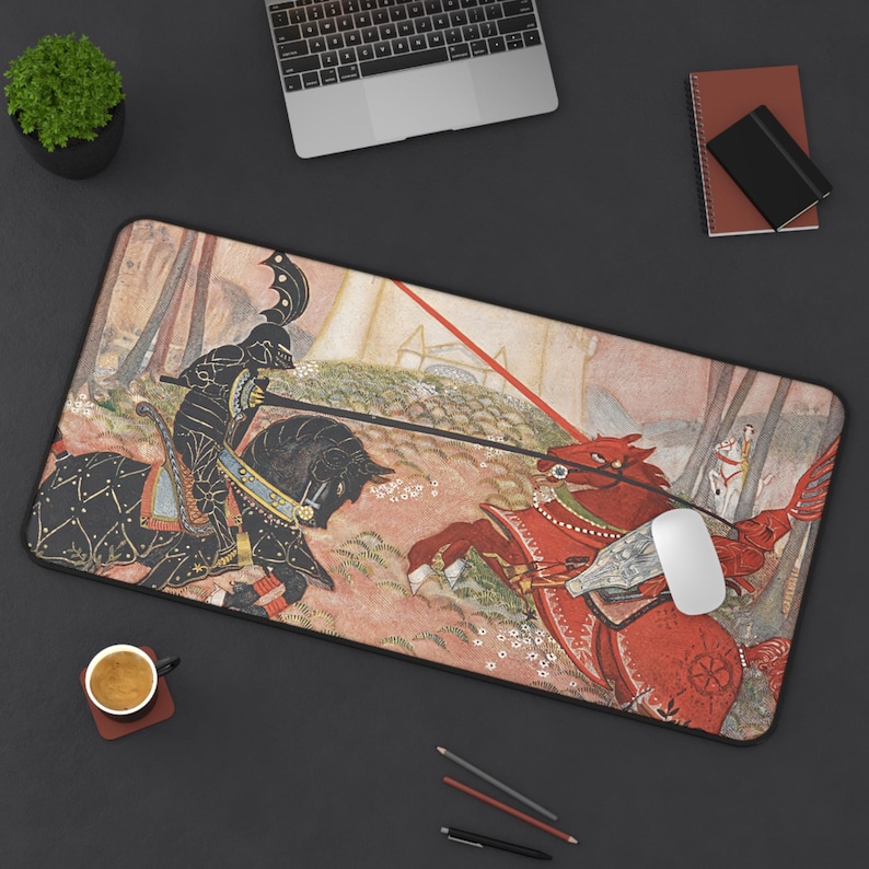 King Arthur: A Knightly Joust Neoprene Desk Mat & Mouse Pad - Arthurian Art Nouveau 16" × 32"
