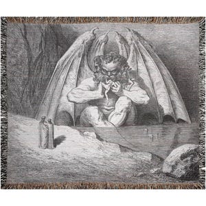 May include: A woven throw blanket featuring a detailed black and white illustration of a winged figure with a beard, eating a person. Two figures stand in the foreground. The blanket has a fringed edge.
