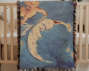 Vintage Moon & Stars Babydecke - gewebter Baumwollüberwurf