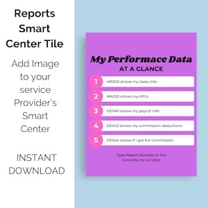 May include: A pink and white infographic titled "My Performance Data at a Glance" with five numbered steps. Each step lists a report number and a description of the report's contents. The infographic includes the text "Type Report Number in the ConvoBar to run data."