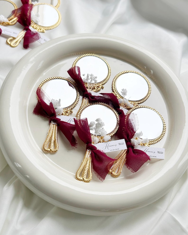 Personalized Gold Mirror Wedding Favor | Hand Mirror Gift with Names | Henna Night, Bridal Shower & Wedding Guest Favor Bordeaux