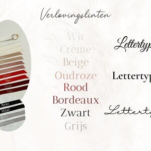 May include: A selection of ribbon colors for wedding favors, including white, cream, beige, blush, red, burgundy, black, and gray. The ribbon colors are displayed in a circle with the text "Verlovingslinten" at the top. The text "Lettertype 1", "Lettertype 2", and "Lettertype 3" are also displayed.