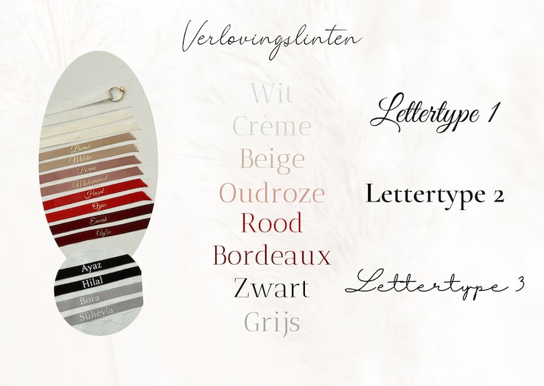 May include: A selection of ribbon colors for wedding favors, including white, cream, beige, blush, red, burgundy, black, and gray. The ribbon colors are displayed in a circle with the text "Verlovingslinten" at the top. The text "Lettertype 1", "Lettertype 2", and "Lettertype 3" are also displayed.
