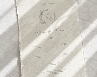 Islamic Nikah Certificate on Handmade Paper – Minimal Wedding Stationery, Personalized Muslim Marriage Document