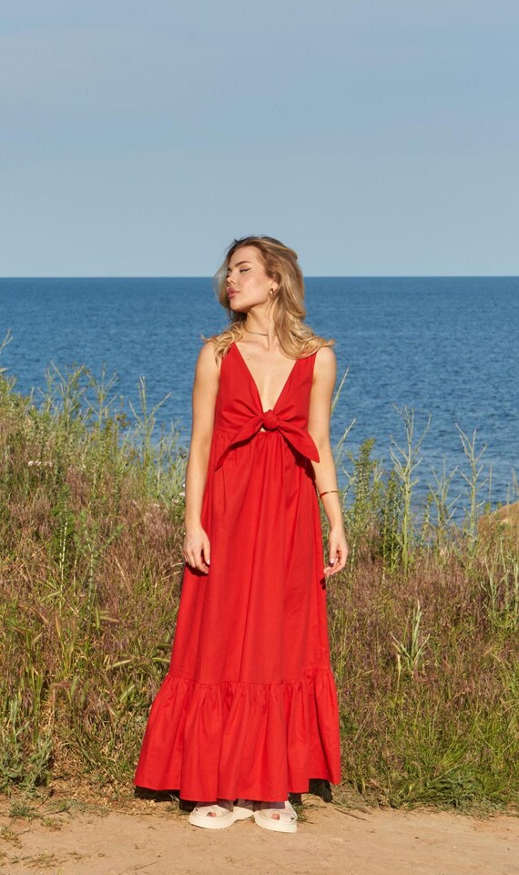 strapless open back dress Linen Maxi Dress w/ Contrast Stitching & Wide Tie Straps