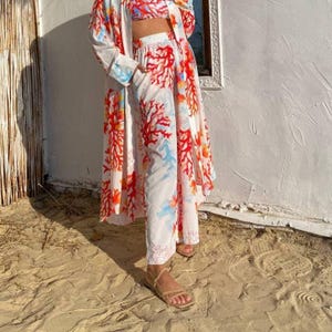 Beach clothes Summer wide pants Author&#39;s print of the drawing Beach art print wide leg pants Designer beach pants