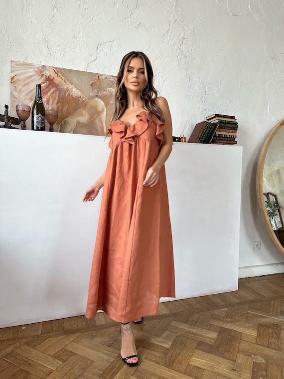 Sundress Liberty : Linen, Terracotta, With Ruffles on the Chest, Effortless  Beauty Without Limits, Summer Dress Designed for Bra-free Wear. - Etsy