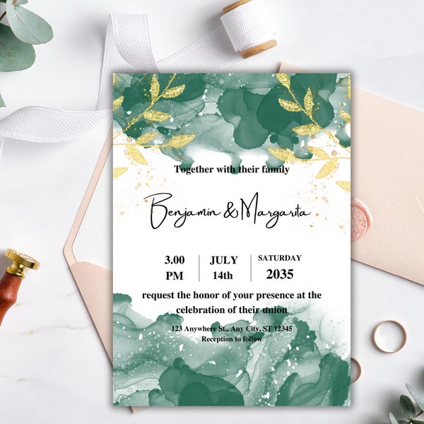 Printable Wedding Invitation with Emerald Green & Gold Theme, Instantly Editable Download, Digital Downloadable Template