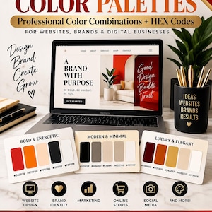 May include: A digital guide titled 50 Best Website Color Palettes featuring professional colour combinations and HEX codes. The image displays a laptop showing a website, three cards with colour swatches, and text including JBCreativeDigital.