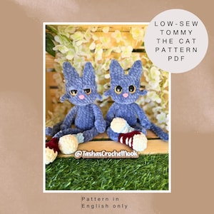 Puede incluir: Dos juguetes de gato de crochet azul con calcetines a rayas rojas y blancas sentados en una superficie de madera. La imagen incluye el texto "@TashasCrochetNook" y "Pattern in English only".