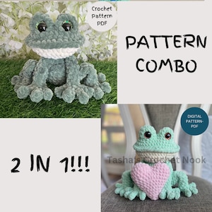 May include: Crochet pattern combo for a green frog amigurumi. The pattern includes two designs: a sitting frog and a frog holding a pink heart. The pattern is available as a digital PDF download.