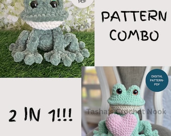 Op de afbeelding: Haakpatrooncombinatie voor een groene kikker amigurumi. Het patroon bevat twee ontwerpen: een zittende kikker en een kikker die een roze hart vasthoudt. Het patroon is beschikbaar als digitale PDF-download.