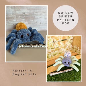 Puede incluir: Dos juguetes de araña amigurumi de crochet. La primera araña es azul con una cabeza amarilla y la segunda araña es morada con una cabeza blanca y morada. Ambas arañas tienen ojos negros y están sentadas sobre una superficie de madera. El texto "@TashasCrochetHook" está en un letrero de madera frente a cada araña. El texto "NO-SEW SPIDER PATTERN PDF" está en un círculo en la parte superior de la imagen.