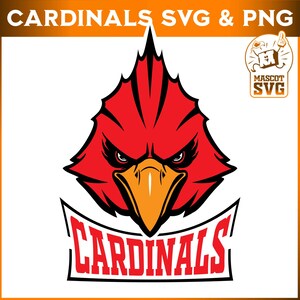 May include: A red cardinal bird logo with an orange beak and angry eyes. The word "CARDINALS" is in red, outlined in black, and arched across the bottom. The text "CARDINALS SVG & PNG" is at the top.