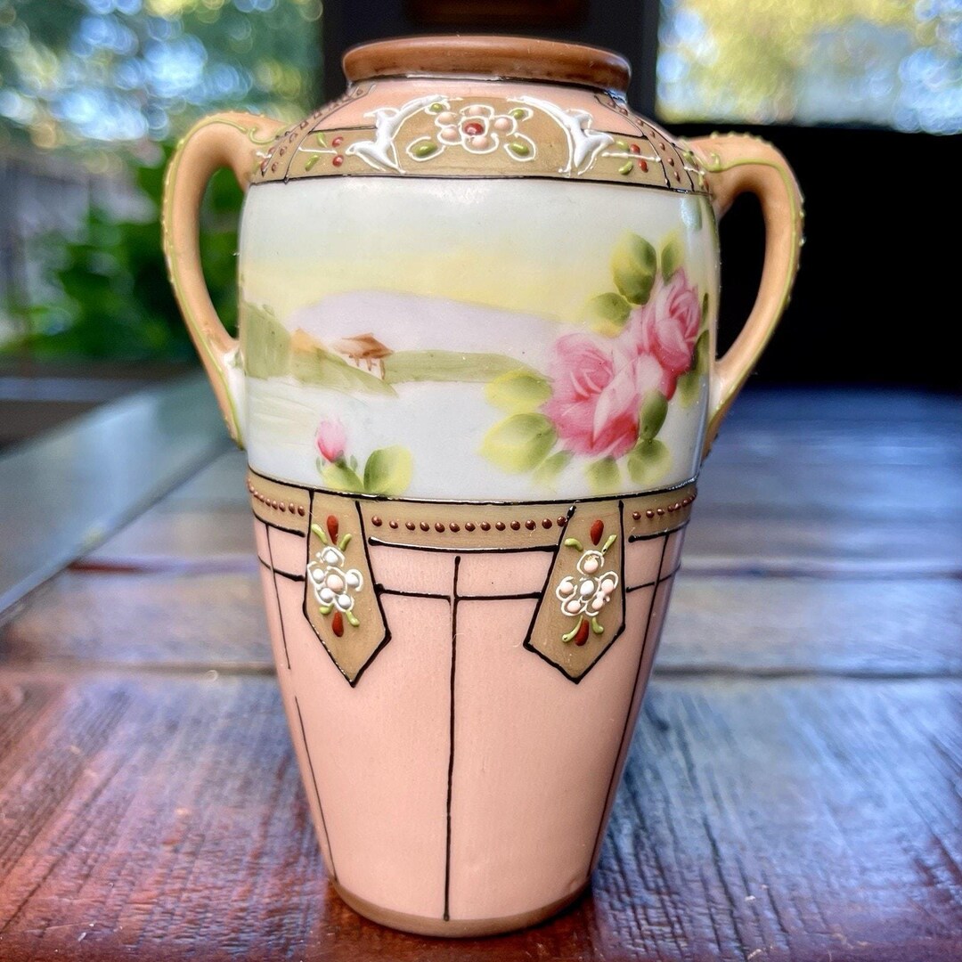 Antique Nippon Moriage 2 Handled Porcelain Vase - Floral Motif Peach ...
