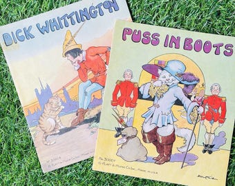 Vtg 1934-boeken: gelaarsde kat en Dick Whittington - Eulalie M Banks Illustrator