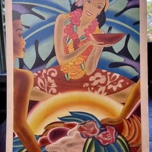 May include: Vintage illustration of Polynesian women in a tropical setting. The artwork features women with floral leis and dresses, holding a bowl. The background includes stylized leaves, a sunset, and tropical fruits. The color palette is vibrant with reds, yellows, and blues.