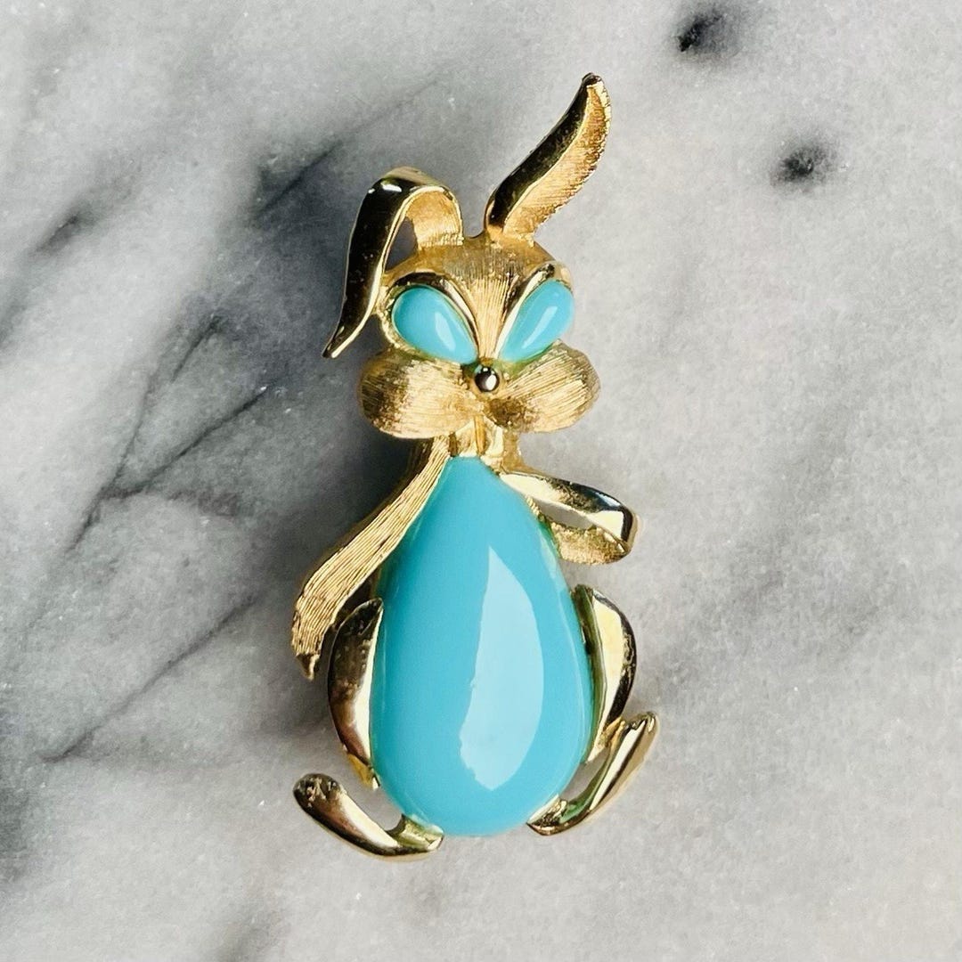 Tourquoise Rabbit Vtg Crown Trifari Rabbit Bunny Brooch With Aqua Turquoise Blue Cabochon ...