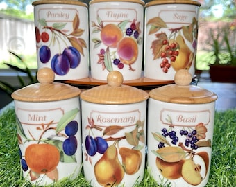 6er Set Royal Worcester Evesham Gold Porzellan Gewürzdosen Holzdeckel Vintage