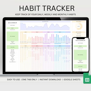 May include: A laptop computer displaying a Google Sheet with a habit tracker for December. The sheet includes daily, weekly, and monthly habit tracking sections. The sheet is titled "HABIT TRACKER" and the text "KEEP TRACK OF YOUR DAILY, WEEKLY AND MONTHLY HABITS" is displayed above the sheet. The sheet is also displayed on a smartphone. The text "EASY TO USE | ONE TAB ONLY | INSTANT DOWNLOAD | GOOGLE SHEETS" is displayed below the laptop.