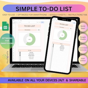 Peut inclure: Un ordinateur portable affichant une feuille de calcul Google avec un modèle de liste de tâches. Le modèle comprend une barre de progression, une liste de tâches et des cases à cocher. L'ordinateur portable est sur un fond jaune et orange avec le texte "SIMPLE TO-DO LIST" et "AVAILABLE ON ALL YOUR DEVICES 24/7 & SHAREABLE" en haut et en bas de l'image.