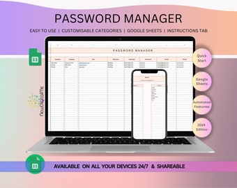 Password Manager Spreadsheet| Password Tracker|Password List|Google Sheets Template|Accounts List|Organization Template