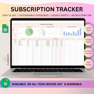 Puede incluir: Un portátil que muestra una hoja de cálculo de seguimiento de suscripciones. La pantalla muestra gráficos y tablas de datos con el título "SUBSCRIPTION TRACKER". El texto incluye "EASY TO USE", "GOOGLE SHEETS" y "2024 Edition". También hay un icono de Google Sheets.