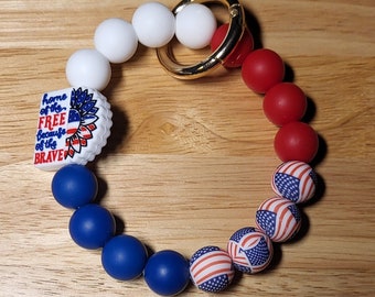 Home Of The Free Because of the Brave Bead Wristlet Bracelet Spring O Ring Circle Clasp Included Key Holder Graduation Patriotic America USA
