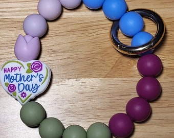 Mother's Day Purple Tulip Beaded Wristlet Bracelet Spring O Ring Circle Clasp Included Key Holder