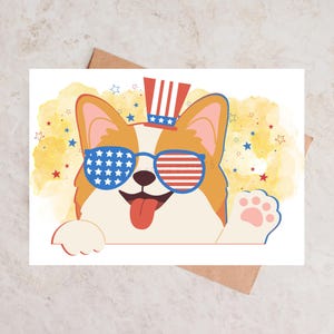 Printable Happy Fourth of July Corgi Dog Card, Independence Day Cards, 4th of July Day Card, Digital Holiday Greeting Card, Instant Download