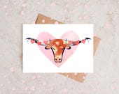 Printable Longhorn Valentine's Day Card, Longhorn Cards, Digital Cards, Texas Holiday Cards,  7" x 5" Card, A5 Card