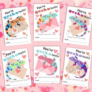 Puede incluir: Seis tarjetas de San Valentín imprimibles con un gecko con el texto "You're gecko tastic!" y "Happy Valentine's Day!"