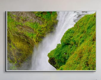 Skógafoss Waterfall Canvas Print: Framed Mossy Cliffs Landscape