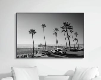 Manhattan Beach Pier Photography – Black and White Coastal Art, Framed Canvas