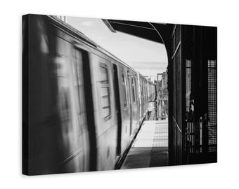 NYC Subway Train Canvas Print, Urban Black and White Photography