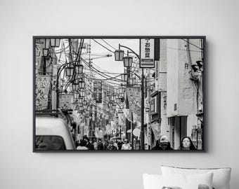 Tokyo Shopping Street Photography – Black and White Lanterns, Japan Fine Art Print