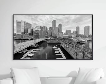 Boston Skyline Wall Art - Black and White Fort Point Channel Photography | Downtown Boston Cityscape