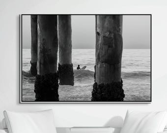 Black and White Surfer Print – California Pier Coastal Art