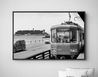 Kamakura Enoden Train Fine Art Print – Black and White Japan Coast Photography