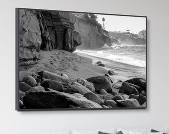 La Jolla Beach Photography – Black and White Coastal Cliffs Canvas
