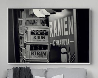 Black and White Ramen Shop Beer Crates – Omoide Yokocho Fine Art Print (Canvas)
