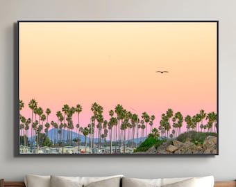 Palm Tree Sunset Wall Art - California Coastal Photography with Pastel Sky | Beach Palm Print