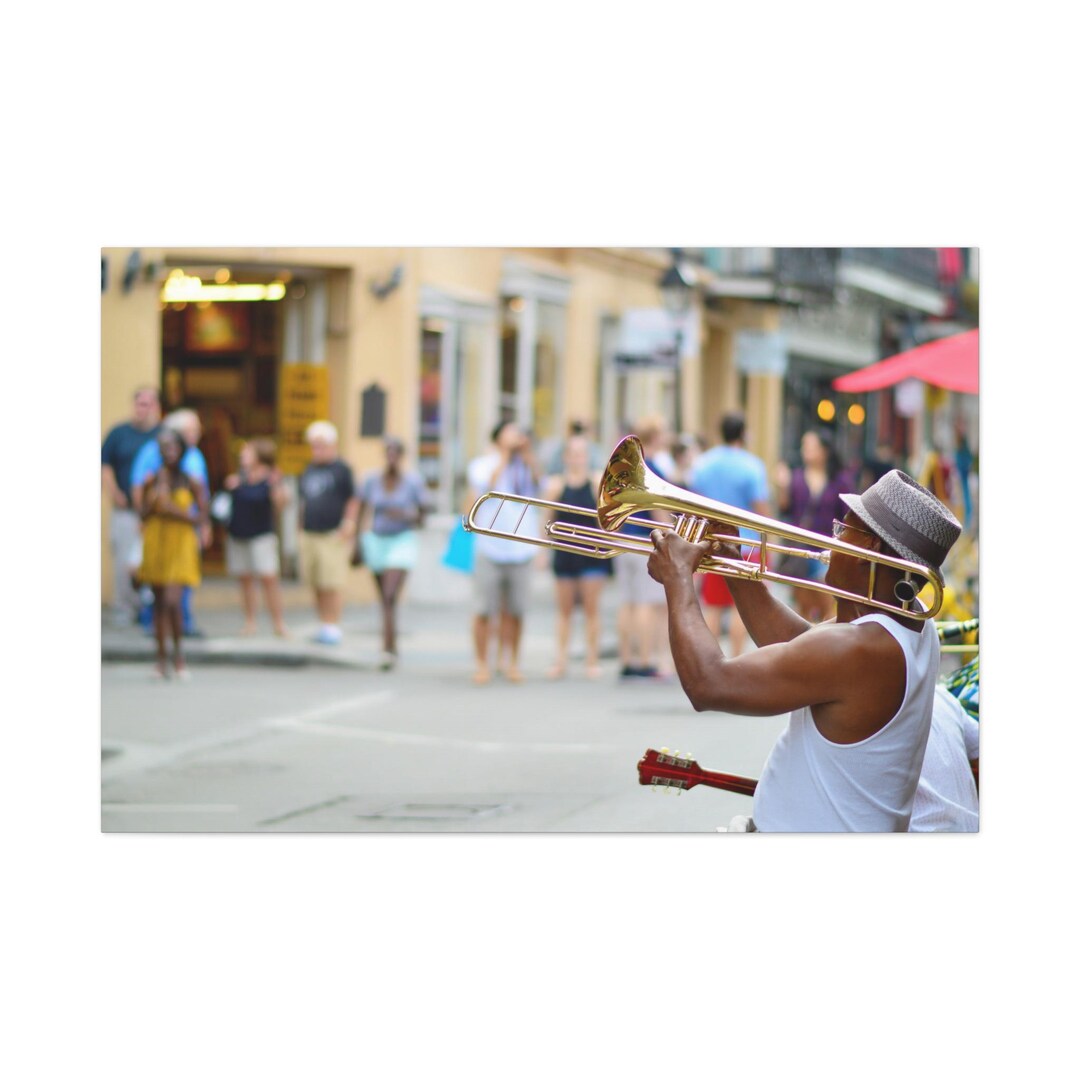 バーボン・ストリートのトロンボーン奏者キャンバスアート、ニュー